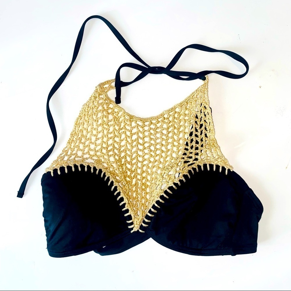 Bikini Lab Black and Tan BOHO Crochet Knit High Neck Halter Bikini Top Size S